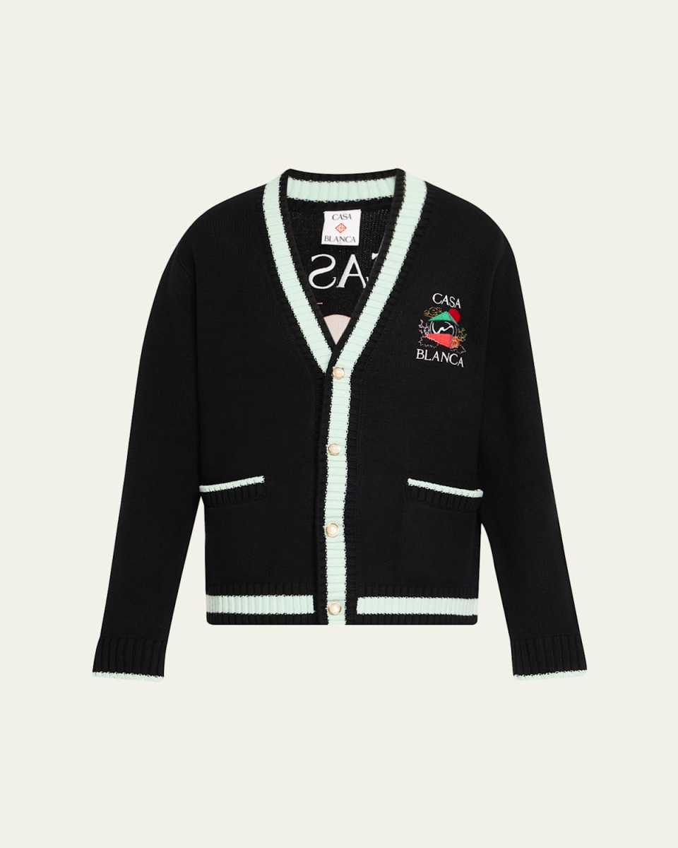 Embroidered V-Neck Merino Wool Cardigan